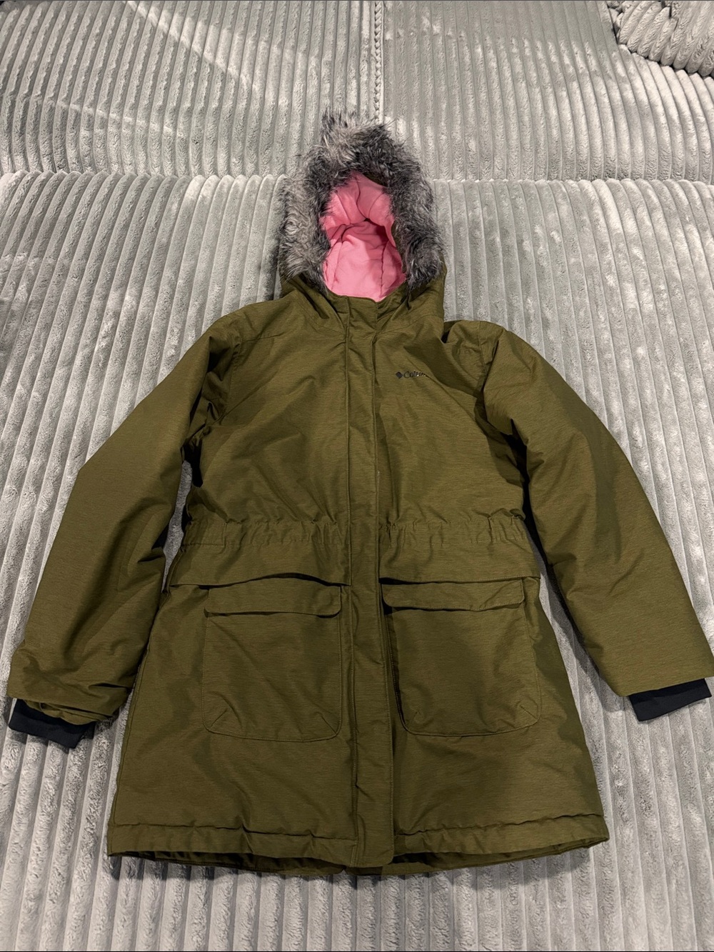 Columbia Olive Green Kids Puffer Coat with Pink Hood Lining